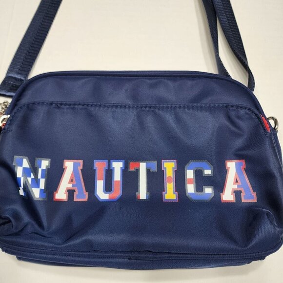 Nautica belt bag or crossbody Navy multi colored letters red zipper - Picture 2 of 11